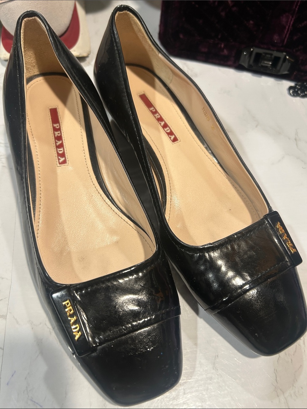 Prada Black Patent Leather Square-Toe Ballet Flats with Gold Logo